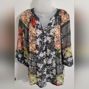 Anthropologie Fig and Flower Size S Boho Paisley pullover Top Sheer 3/4 sleeve